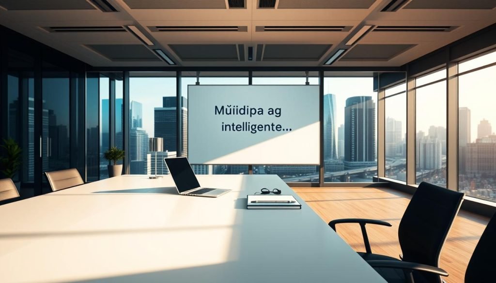 A bright, modern office space with a large, sleek desk in the foreground. Atop the desk, a laptop, smartphone, and a few neatly organized office supplies. In the middle ground, a whiteboard or digital display showcases a presentation on "Mídia paga inteligente" - strategic, data-driven digital advertising. The background features floor-to-ceiling windows overlooking a bustling cityscape, bathed in warm, natural lighting. The overall atmosphere conveys a sense of productivity, innovation, and a savvy approach to digital marketing. A bright, modern office space with a large, sleek desk in the foreground. Atop the desk, a laptop, smartphone, and a few neatly organized office supplies. In the middle ground, a whiteboard or digital display showcases a presentation on "Mídia paga inteligente" - strategic, data-driven digital advertising. The background features floor-to-ceiling windows overlooking a bustling cityscape, bathed in warm, natural lighting. The overall atmosphere conveys a sense of productivity, innovation, and a savvy approach to digital marketing.