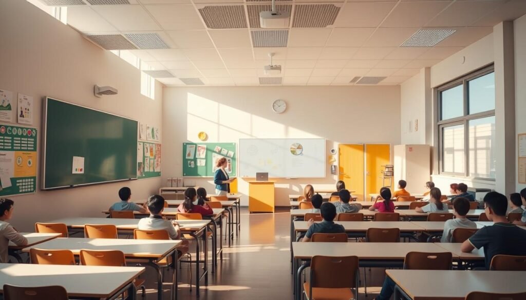 A bright, sun-lit classroom with rows of desks and chairs, a large blackboard or whiteboard at the front, and a teacher's podium or lectern. The walls are adorned with colorful educational posters and displays. Natural light streams in through large windows, casting a warm glow over the scene. The classroom has a modern, well-equipped feel, with technological elements like a projector or computer setup. Students are seated, attentively engaged in a lesson or discussion. The atmosphere is one of focused learning, with a sense of productivity and growth. A bright, sun-lit classroom with rows of desks and chairs, a large blackboard or whiteboard at the front, and a teacher's podium or lectern. The walls are adorned with colorful educational posters and displays. Natural light streams in through large windows, casting a warm glow over the scene. The classroom has a modern, well-equipped feel, with technological elements like a projector or computer setup. Students are seated, attentively engaged in a lesson or discussion. The atmosphere is one of focused learning, with a sense of productivity and growth.