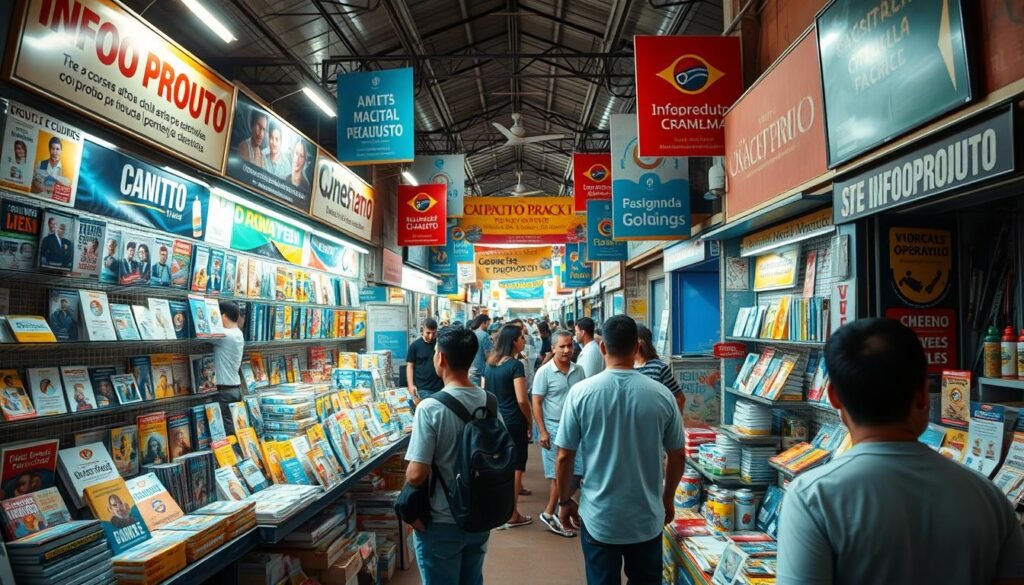 A bustling Brazilian mercado (market) teeming with vibrant infoproduto stalls. The foreground features a diverse array of digital goods and services, from self-help courses to software tools, with vendors passionately promoting their wares. In the middle ground, potential customers peruse the offerings, engaged in lively discussions. The background reveals the market's lively atmosphere, with colorful banners, signs, and the energetic hustle and bustle of a thriving information products industry. Warm, natural lighting casts a inviting glow, creating an atmosphere of opportunity and entrepreneurial spirit. Captured through a wide-angle lens to convey the scope and dynamism of this burgeoning Brazilian infoproduto marketplace. A bustling Brazilian mercado (market) teeming with vibrant infoproduto stalls. The foreground features a diverse array of digital goods and services, from self-help courses to software tools, with vendors passionately promoting their wares. In the middle ground, potential customers peruse the offerings, engaged in lively discussions. The background reveals the market's lively atmosphere, with colorful banners, signs, and the energetic hustle and bustle of a thriving information products industry. Warm, natural lighting casts a inviting glow, creating an atmosphere of opportunity and entrepreneurial spirit. Captured through a wide-angle lens to convey the scope and dynamism of this burgeoning Brazilian infoproduto marketplace.