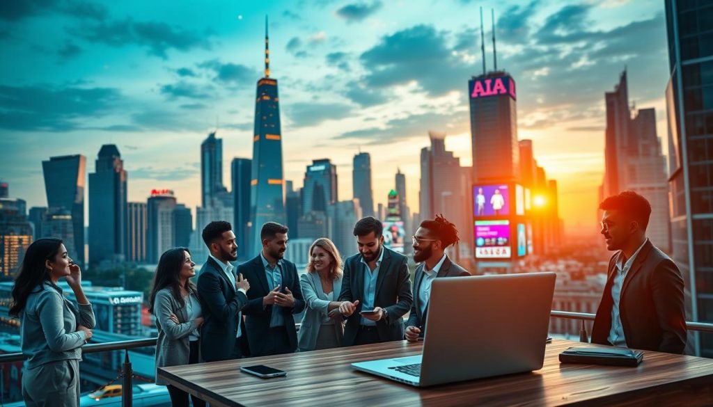 A bustling city skyline at twilight, with modern high-rise buildings reflecting the warm glow of the setting sun. In the foreground, a group of diverse people, dressed in business attire, engaged in animated discussions, their gestures and expressions conveying the energy of entrepreneurial collaboration. In the middle ground, a laptop and smartphone on a stylish wooden desk, symbolizing the digital tools and technologies that power the marketing and business strategies. The background features a vibrant cityscape, with neon signs and digital billboards illuminating the urban landscape, representing the digital landscape of modern marketing. The overall mood is one of dynamic progress, innovation, and the fusion of entrepreneurship and digital marketing. A bustling city skyline at twilight, with modern high-rise buildings reflecting the warm glow of the setting sun. In the foreground, a group of diverse people, dressed in business attire, engaged in animated discussions, their gestures and expressions conveying the energy of entrepreneurial collaboration. In the middle ground, a laptop and smartphone on a stylish wooden desk, symbolizing the digital tools and technologies that power the marketing and business strategies. The background features a vibrant cityscape, with neon signs and digital billboards illuminating the urban landscape, representing the digital landscape of modern marketing. The overall mood is one of dynamic progress, innovation, and the fusion of entrepreneurship and digital marketing.