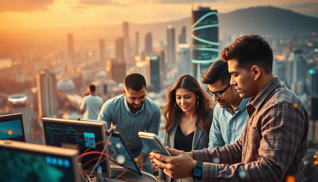 A bustling digital landscape, showcasing the vibrant world of affiliate marketing in Brazil. In the foreground, digital devices and platforms intersect, representing the diverse channels and tools utilized by affiliates. The middle ground features a team of digital entrepreneurs, strategizing and collaborating, their expressions conveying the excitement and dynamism of this evolving market. In the background, a cityscape with skyscrapers and tech hubs symbolizes the scale and integration of the affiliate marketing ecosystem. Warm, ambient lighting creates a sense of productivity and innovation, while a shallow depth of field focuses the viewer's attention on the key elements of this thriving digital economy. A bustling digital landscape, showcasing the vibrant world of affiliate marketing in Brazil. In the foreground, digital devices and platforms intersect, representing the diverse channels and tools utilized by affiliates. The middle ground features a team of digital entrepreneurs, strategizing and collaborating, their expressions conveying the excitement and dynamism of this evolving market. In the background, a cityscape with skyscrapers and tech hubs symbolizes the scale and integration of the affiliate marketing ecosystem. Warm, ambient lighting creates a sense of productivity and innovation, while a shallow depth of field focuses the viewer's attention on the key elements of this thriving digital economy.