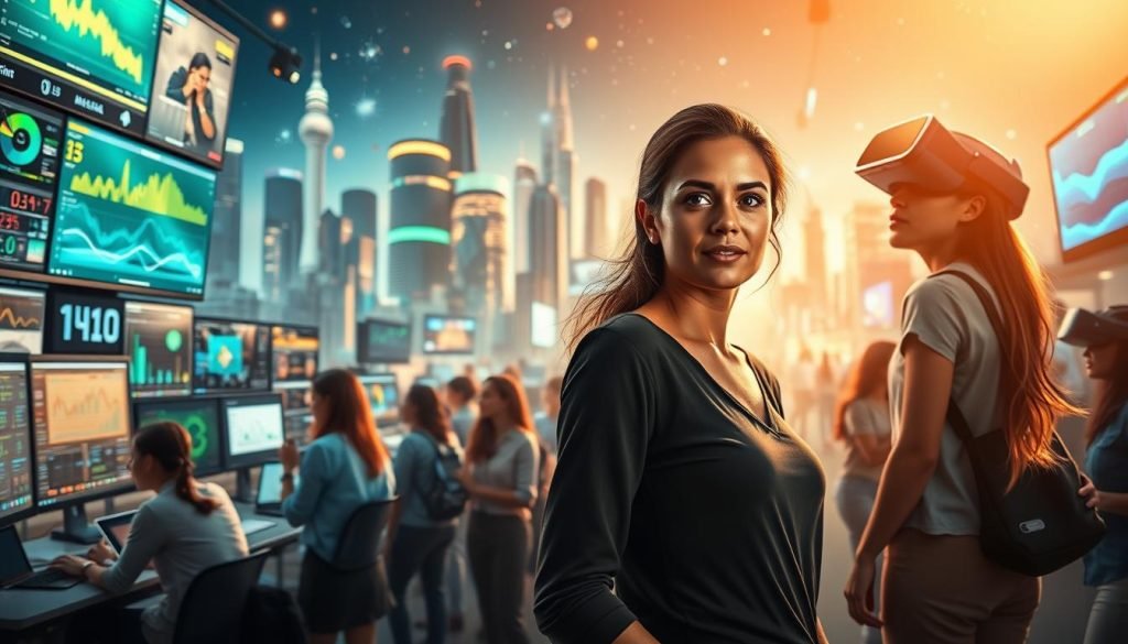 A bustling digital landscape, where female entrepreneurs shine brightly. In the foreground, a confident woman stands amidst a swirl of digital devices, her eyes filled with determination. Surrounding her, a dynamic collage of computer screens, mobile phones, and vibrant data visualizations, all reflecting the rapid pace of the digital realm. In the middle ground, a team of diverse, tech-savvy women collaborate, their energy palpable as they navigate the challenges of the digital frontier. The background is a kaleidoscope of innovation, with towering skyscrapers, virtual reality headsets, and the pulsing lights of a thriving digital metropolis. The scene is illuminated by a warm, golden light, evoking a sense of growth, progress, and the unwavering spirit of Brazil's digital entrepreneurs. A bustling digital landscape, where female entrepreneurs shine brightly. In the foreground, a confident woman stands amidst a swirl of digital devices, her eyes filled with determination. Surrounding her, a dynamic collage of computer screens, mobile phones, and vibrant data visualizations, all reflecting the rapid pace of the digital realm. In the middle ground, a team of diverse, tech-savvy women collaborate, their energy palpable as they navigate the challenges of the digital frontier. The background is a kaleidoscope of innovation, with towering skyscrapers, virtual reality headsets, and the pulsing lights of a thriving digital metropolis. The scene is illuminated by a warm, golden light, evoking a sense of growth, progress, and the unwavering spirit of Brazil's digital entrepreneurs.