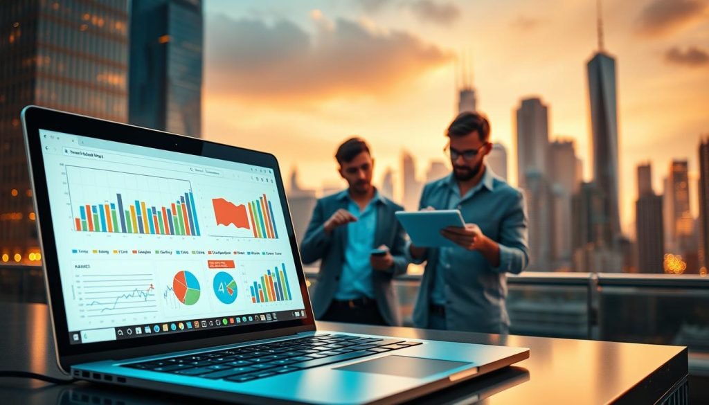 A bustling digital landscape, with a sleek laptop in the foreground, its screen displaying vibrant charts and graphs. In the middle ground, a team of entrepreneurs collaborating on a tablet, their expressions focused and determined. The background showcases a cityscape of towering skyscrapers, symbolizing the growth and potential of the digital marketing industry. Warm lighting casts a soft glow, creating an atmosphere of productivity and innovation. The scene captures the essence of entrepreneurship and digital marketing, inspiring and empowering the viewer. A bustling digital landscape, with a sleek laptop in the foreground, its screen displaying vibrant charts and graphs. In the middle ground, a team of entrepreneurs collaborating on a tablet, their expressions focused and determined. The background showcases a cityscape of towering skyscrapers, symbolizing the growth and potential of the digital marketing industry. Warm lighting casts a soft glow, creating an atmosphere of productivity and innovation. The scene captures the essence of entrepreneurship and digital marketing, inspiring and empowering the viewer.