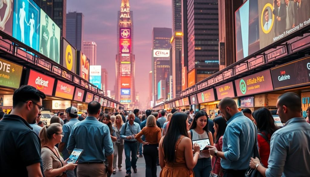 A bustling marketplace filled with vibrant activity, showcasing the diverse world of affiliate marketing. In the foreground, a group of individuals engaged in lively discussions, exchanging ideas and strategies. The middle ground features a variety of digital devices, representing the technology that powers the affiliate landscape. In the background, a sleek, futuristic city skyline with towering buildings and glowing neon signs, symbolizing the global scale and potential of the affiliate market. Warm lighting casts a welcoming glow, creating an atmosphere of collaboration and opportunity. The scene conveys the dynamic and ever-evolving nature of the affiliate industry, where entrepreneurs and marketers come together to unlock financial success. A bustling marketplace filled with vibrant activity, showcasing the diverse world of affiliate marketing. In the foreground, a group of individuals engaged in lively discussions, exchanging ideas and strategies. The middle ground features a variety of digital devices, representing the technology that powers the affiliate landscape. In the background, a sleek, futuristic city skyline with towering buildings and glowing neon signs, symbolizing the global scale and potential of the affiliate market. Warm lighting casts a welcoming glow, creating an atmosphere of collaboration and opportunity. The scene conveys the dynamic and ever-evolving nature of the affiliate industry, where entrepreneurs and marketers come together to unlock financial success.