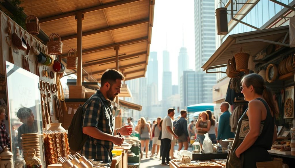 A bustling marketplace with inspired entrepreneurs showcasing their unique wares and innovative solutions. Warm afternoon sunlight filters through the open-air stalls, casting a soft glow on the dynamic displays. In the foreground, a diverse array of handcrafted products and artisanal goods catch the eye, while in the middle ground, passionate business owners engage with eager customers. In the background, a cityscape of modern architecture and towering skyscrapers symbolizes the ever-evolving nature of the market. The scene exudes a sense of possibility, creativity, and the relentless drive to turn dreams into reality. A bustling marketplace with inspired entrepreneurs showcasing their unique wares and innovative solutions. Warm afternoon sunlight filters through the open-air stalls, casting a soft glow on the dynamic displays. In the foreground, a diverse array of handcrafted products and artisanal goods catch the eye, while in the middle ground, passionate business owners engage with eager customers. In the background, a cityscape of modern architecture and towering skyscrapers symbolizes the ever-evolving nature of the market. The scene exudes a sense of possibility, creativity, and the relentless drive to turn dreams into reality.