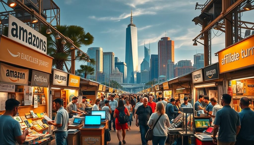 A bustling open-air market, with stalls displaying a diverse array of affiliate program offerings. In the foreground, vendors enthusiastically pitch their products and services to a crowd of attentive buyers. The middle ground showcases a tapestry of digital devices, laptops, and smartphones, reflecting the evolution of affiliate marketing from the early days of Amazon to the current landscape of sophisticated online platforms. In the background, a cityscape with towering skyscrapers and modern architecture, symbolizing the growth and maturity of the affiliate marketing industry over the decades. Warm, golden lighting illuminates the scene, evoking a sense of prosperity and opportunity. The overall atmosphere conveys the reliable and trustworthy nature of the affiliate marketing ecosystem, from its humble beginnings to its current prominence. A bustling open-air market, with stalls displaying a diverse array of affiliate program offerings. In the foreground, vendors enthusiastically pitch their products and services to a crowd of attentive buyers. The middle ground showcases a tapestry of digital devices, laptops, and smartphones, reflecting the evolution of affiliate marketing from the early days of Amazon to the current landscape of sophisticated online platforms. In the background, a cityscape with towering skyscrapers and modern architecture, symbolizing the growth and maturity of the affiliate marketing industry over the decades. Warm, golden lighting illuminates the scene, evoking a sense of prosperity and opportunity. The overall atmosphere conveys the reliable and trustworthy nature of the affiliate marketing ecosystem, from its humble beginnings to its current prominence.