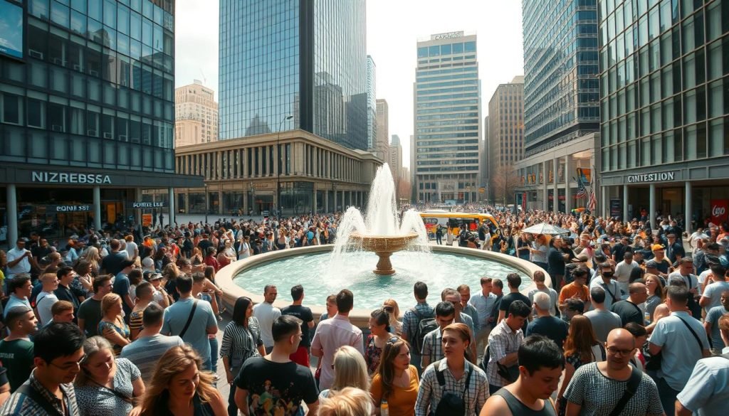 A bustling urban scene, capturing the vibrant energy of a public plaza. In the foreground, a diverse crowd of people mingle, their expressions animated as they engage in lively discussions. The middle ground features a central fountain, its flowing water casting a serene and reflective ambiance. Surrounding the plaza, sleek modern buildings rise up, their glass facades gleaming in the warm sunlight. The overall mood is one of dynamic activity, with a sense of community and connection. Captured through a wide-angle lens, the scene conveys a sense of openness and inclusivity, reflecting the essence of "público" as a hub of public life and interaction. A bustling urban scene, capturing the vibrant energy of a public plaza. In the foreground, a diverse crowd of people mingle, their expressions animated as they engage in lively discussions. The middle ground features a central fountain, its flowing water casting a serene and reflective ambiance. Surrounding the plaza, sleek modern buildings rise up, their glass facades gleaming in the warm sunlight. The overall mood is one of dynamic activity, with a sense of community and connection. Captured through a wide-angle lens, the scene conveys a sense of openness and inclusivity, reflecting the essence of "público" as a hub of public life and interaction.