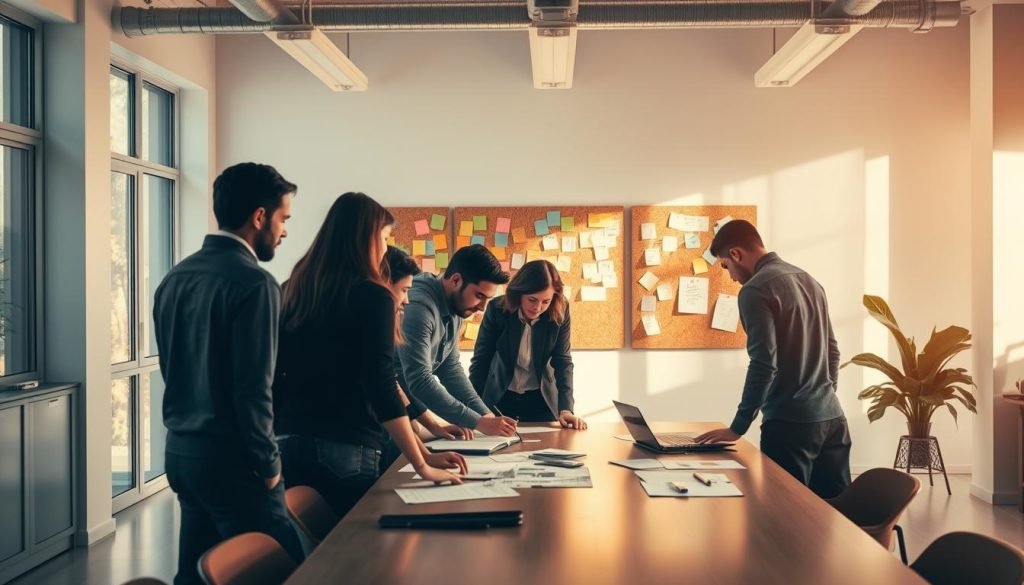 A bustling workspace comes into view, illuminated by natural light streaming through large windows. In the foreground, a team of eager entrepreneurs huddle around a table, poring over notes and sketches. The middle ground features a cork board adorned with scribbled ideas and colorful Post-it notes, conveying a sense of focused ideation. In the background, a sleek, minimalist decor sets the tone for a modern, professional setting. Warm, soft lighting highlights the concentration and collaborative spirit of the "Primeiros passos" - the first steps towards launching a new digital marketing venture. A bustling workspace comes into view, illuminated by natural light streaming through large windows. In the foreground, a team of eager entrepreneurs huddle around a table, poring over notes and sketches. The middle ground features a cork board adorned with scribbled ideas and colorful Post-it notes, conveying a sense of focused ideation. In the background, a sleek, minimalist decor sets the tone for a modern, professional setting. Warm, soft lighting highlights the concentration and collaborative spirit of the "Primeiros passos" - the first steps towards launching a new digital marketing venture.
