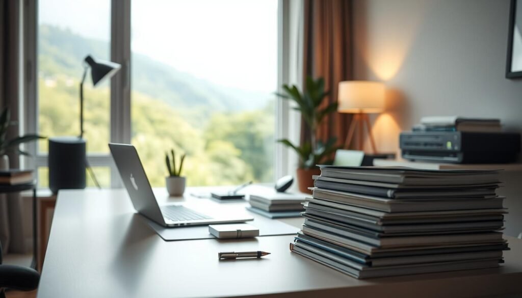 A cozy home office setting, with a sleek laptop and various digital devices neatly arranged on a minimalist desk. The lighting is soft and diffused, creating a warm, productive atmosphere. In the foreground, a stack of books and folders symbolize the creation of digital products, while in the background, a large window overlooks a lush, verdant landscape, hinting at the freedom and flexibility that digital entrepreneurship can provide. The overall scene conveys a sense of focus, creativity, and the promise of financial success through the development and sale of digital products. A cozy home office setting, with a sleek laptop and various digital devices neatly arranged on a minimalist desk. The lighting is soft and diffused, creating a warm, productive atmosphere. In the foreground, a stack of books and folders symbolize the creation of digital products, while in the background, a large window overlooks a lush, verdant landscape, hinting at the freedom and flexibility that digital entrepreneurship can provide. The overall scene conveys a sense of focus, creativity, and the promise of financial success through the development and sale of digital products.