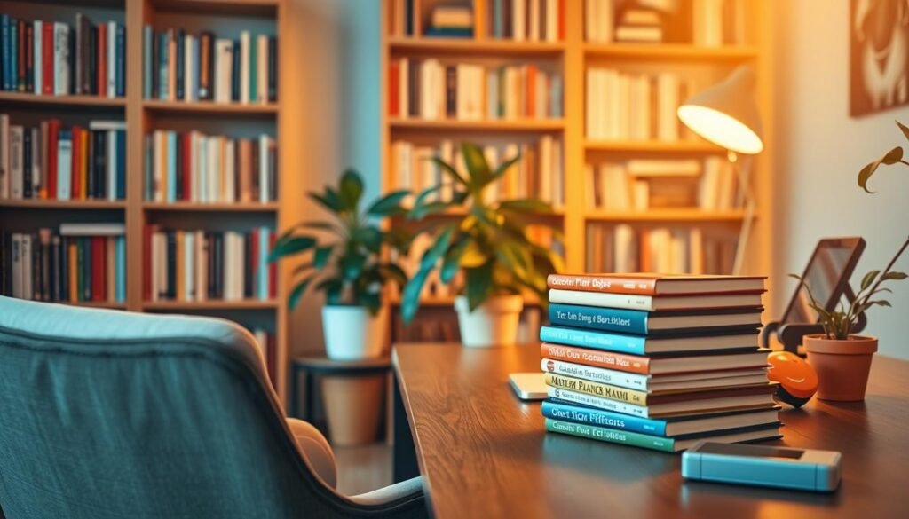 A cozy home office with a comfortable chair, a laptop, and a stack of colorful e-books on a wooden desk. Soft, warm lighting illuminates the scene, creating a productive and inviting atmosphere. The background features bookshelves filled with various publications, hinting at a wealth of knowledge and resources. A potted plant adds a touch of nature, symbolizing the growth and transformation of ideas into digital products. The overall composition conveys a sense of focused productivity and the potential to monetize one's expertise through the creation and distribution of infoprodutos and e-books.