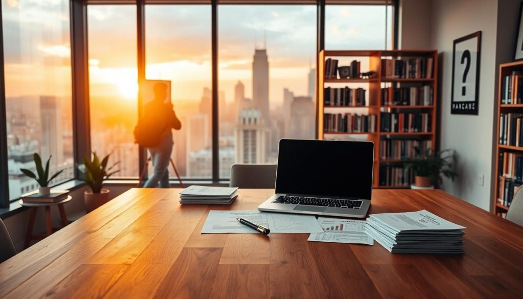 A cozy, well-lit office space with a large wooden desk in the foreground. On the desk, a laptop, a pen, and a stack of papers symbolizing a business plan. In the middle ground, a bookshelf filled with business and entrepreneurship books. The background features a large window overlooking a vibrant cityscape, bathed in warm, golden light, conveying a sense of inspiration and opportunity. The overall scene exudes professionalism, focus, and the excitement of embarking on a new digital business venture. A cozy, well-lit office space with a large wooden desk in the foreground. On the desk, a laptop, a pen, and a stack of papers symbolizing a business plan. In the middle ground, a bookshelf filled with business and entrepreneurship books. The background features a large window overlooking a vibrant cityscape, bathed in warm, golden light, conveying a sense of inspiration and opportunity. The overall scene exudes professionalism, focus, and the excitement of embarking on a new digital business venture.