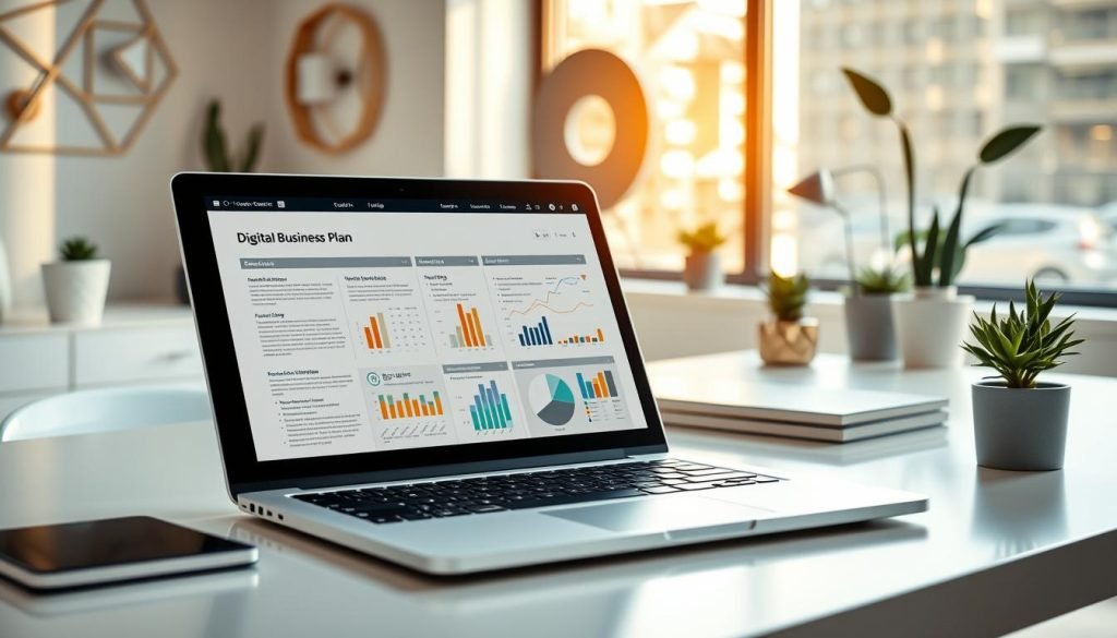 A detailed digital business plan on a sleek modern laptop, surrounded by a minimalist workspace with a clean white desk, potted plants, and a geometric wall display. The plan features well-organized sections, charts, and graphs in a sophisticated color palette. Soft natural lighting from a large window casts a warm glow, creating a professional and productive atmosphere. The overall composition emphasizes the thoughtful planning and strategic approach needed to succeed in the digital entrepreneurial landscape. A detailed digital business plan on a sleek modern laptop, surrounded by a minimalist workspace with a clean white desk, potted plants, and a geometric wall display. The plan features well-organized sections, charts, and graphs in a sophisticated color palette. Soft natural lighting from a large window casts a warm glow, creating a professional and productive atmosphere. The overall composition emphasizes the thoughtful planning and strategic approach needed to succeed in the digital entrepreneurial landscape.