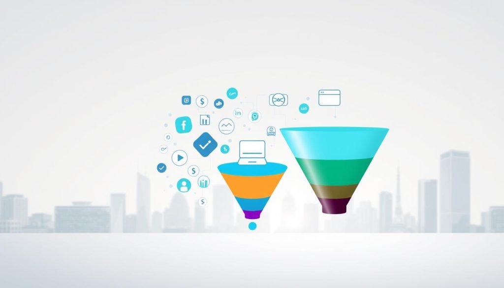 A digital marketing sales funnel set against a bright, clean background. In the foreground, a stylized funnel with distinct stages represented by different colored sections. The middle ground features various digital marketing icons and symbols - a mobile phone, laptop, social media logos, and data visualization elements. In the background, a cityscape with modern, minimalist architecture, hinting at the digital, technological nature of the subject. The lighting is soft and diffused, creating a sleek, professional aesthetic. The overall mood is one of efficiency, organization, and the seamless integration of digital marketing strategies. A digital marketing sales funnel set against a bright, clean background. In the foreground, a stylized funnel with distinct stages represented by different colored sections. The middle ground features various digital marketing icons and symbols - a mobile phone, laptop, social media logos, and data visualization elements. In the background, a cityscape with modern, minimalist architecture, hinting at the digital, technological nature of the subject. The lighting is soft and diffused, creating a sleek, professional aesthetic. The overall mood is one of efficiency, organization, and the seamless integration of digital marketing strategies.