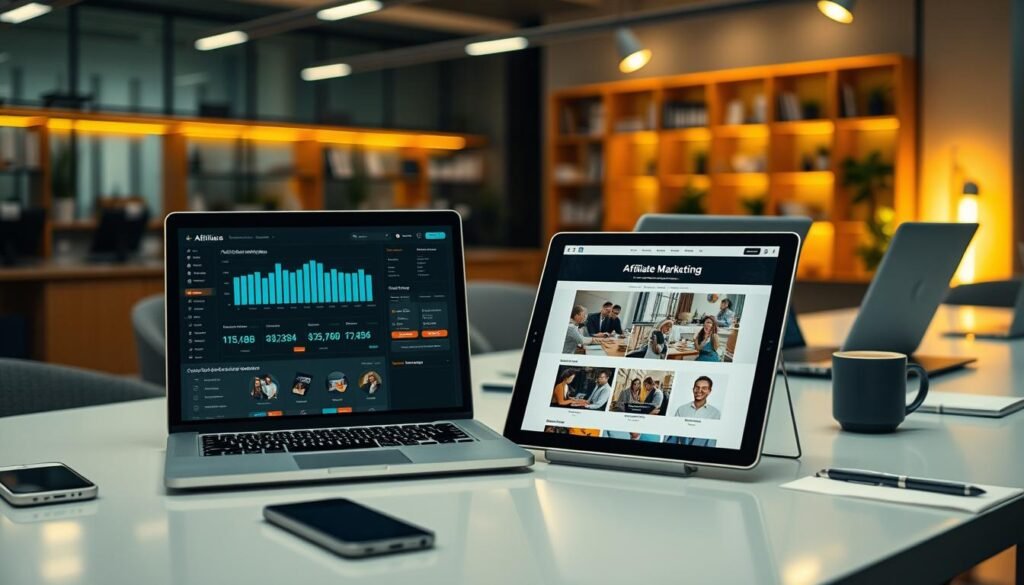 A digital marketplace bustling with affiliates, laptops and smartphones on a sleek, modern desk. Soft lighting casts a warm, productive glow. In the foreground, a laptop screen displays a dashboard of affiliate statistics and commission payouts. In the middle ground, a tablet showcases a well-designed affiliate marketing website, its hero images and call-to-action buttons alluring. The background hints at the wider online ecosystem, with mobile devices, notepads, and coffee mugs setting the scene of a thriving digital business. The mood is one of focus, efficiency, and the promise of passive income streams.