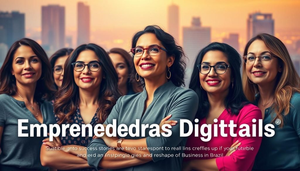 A dynamic group of female entrepreneurs, their expressions radiating determination and vision, standing proudly against a backdrop of a vibrant, digitally-inspired cityscape. Warm lighting casts an inspiring glow, capturing the entrepreneurial spirit and the transformative power of technology. The women, diverse in age and background, embody the spirit of "Empreendedoras Digitais", showcasing the real-world success stories that are inspiring others to harness the potential of the digital landscape and reshape the future of business in Brazil. A dynamic group of female entrepreneurs, their expressions radiating determination and vision, standing proudly against a backdrop of a vibrant, digitally-inspired cityscape. Warm lighting casts an inspiring glow, capturing the entrepreneurial spirit and the transformative power of technology. The women, diverse in age and background, embody the spirit of "Empreendedoras Digitais", showcasing the real-world success stories that are inspiring others to harness the potential of the digital landscape and reshape the future of business in Brazil.