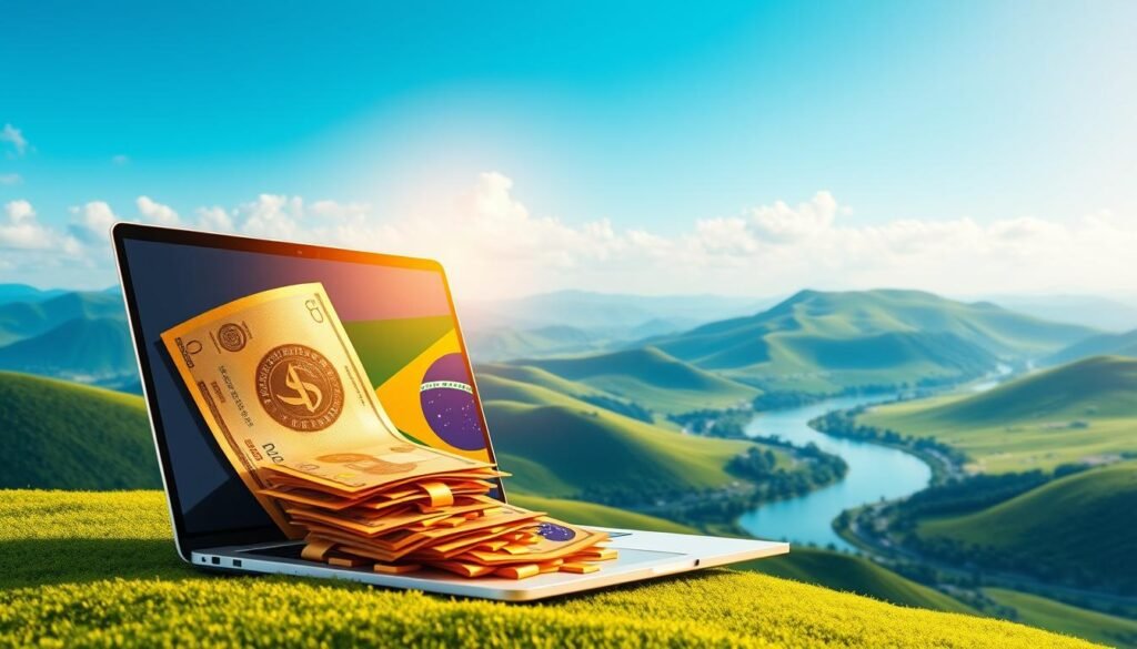 A lush, vibrant digital landscape with rolling green hills and a clear blue sky. In the foreground, a stack of glossy, golden Brazilian real bills spill out onto a sleek, modern laptop, symbolizing the potential for online wealth generation. The middle ground features a stylized representation of the Brazilian flag, conveying a sense of national pride and opportunity. In the background, a serene river winds through the verdant hills, reflecting the tranquility and abundance of the digital realm. The scene is bathed in warm, golden lighting, evoking a feeling of prosperity and success. Minimal, elegant design elements accentuate the clean, professional aesthetic. Como Farmar Dinheiro na Internet