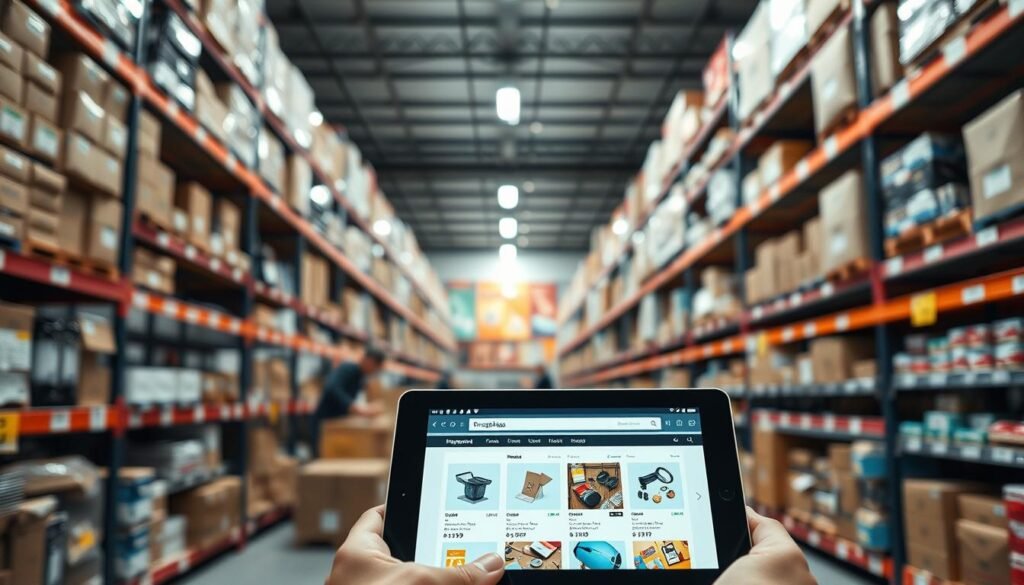 A modern e-commerce warehouse interior with shelves stocked with various consumer products. Bright, diffuse lighting illuminates the scene, creating a clean and professional atmosphere. In the foreground, a tablet display showcases an online store interface, highlighting product images and pricing details. In the background, workers are visible, carefully packing orders for shipment. The overall composition conveys the efficiency and organization of a well-oiled dropshipping operation, visually representing the "Dropshipping e importação: como operar sem estoque" section of the article. A modern e-commerce warehouse interior with shelves stocked with various consumer products. Bright, diffuse lighting illuminates the scene, creating a clean and professional atmosphere. In the foreground, a tablet display showcases an online store interface, highlighting product images and pricing details. In the background, workers are visible, carefully packing orders for shipment. The overall composition conveys the efficiency and organization of a well-oiled dropshipping operation, visually representing the "Dropshipping e importação: como operar sem estoque" section of the article.