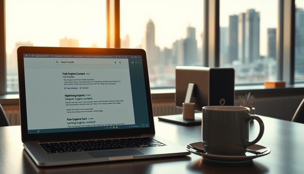 A modern, minimalist office workspace showcasing the practice of SEO. In the foreground, a laptop displays a search engine results page, highlighting high-ranking organic content. Midground features a desk with a stylish desktop computer, coffee mug, and office supplies, all bathed in warm, natural lighting from large windows. The background depicts a city skyline, symbolizing the global reach of search engine optimization. The scene conveys a sense of productivity, focus, and the practical application of SEO strategies to drive organic traffic and visibility. A modern, minimalist office workspace showcasing the practice of SEO. In the foreground, a laptop displays a search engine results page, highlighting high-ranking organic content. Midground features a desk with a stylish desktop computer, coffee mug, and office supplies, all bathed in warm, natural lighting from large windows. The background depicts a city skyline, symbolizing the global reach of search engine optimization. The scene conveys a sense of productivity, focus, and the practical application of SEO strategies to drive organic traffic and visibility.
