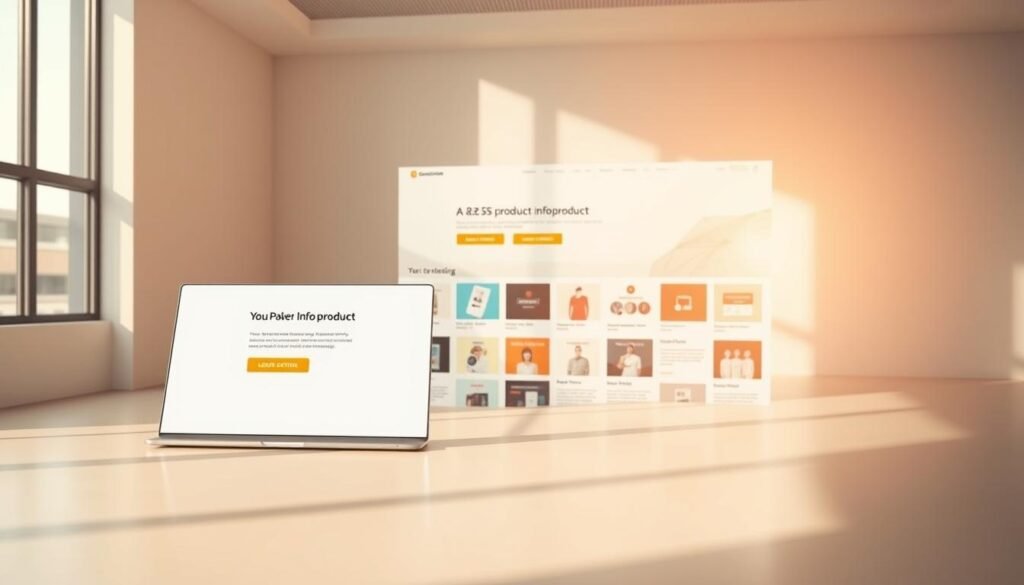 A modern, minimalist website layout with a clean, inviting aesthetic. In the foreground, a sleek, responsive web design showcasing a minimalist hero section with a call-to-action button. The middle ground features a well-organized product grid displaying various infoproduct offerings, each presented with visually appealing thumbnails and concise descriptions. In the background, a subtle, soft-focus hero image or abstract gradient creates a sense of depth and professionalism. The overall scene is bathed in warm, natural lighting, captured with a wide-angle lens to emphasize the expansive, open feel of the design. The mood is one of sophistication, simplicity, and user-friendliness, reflecting the essence of an effective infoproduct sales website. A modern, minimalist website layout with a clean, inviting aesthetic. In the foreground, a sleek, responsive web design showcasing a minimalist hero section with a call-to-action button. The middle ground features a well-organized product grid displaying various infoproduct offerings, each presented with visually appealing thumbnails and concise descriptions. In the background, a subtle, soft-focus hero image or abstract gradient creates a sense of depth and professionalism. The overall scene is bathed in warm, natural lighting, captured with a wide-angle lens to emphasize the expansive, open feel of the design. The mood is one of sophistication, simplicity, and user-friendliness, reflecting the essence of an effective infoproduct sales website.