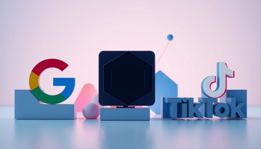 A modern, sleek digital advertising composition depicting the logos of major tech platforms - Google, Meta, and TikTok. The foreground features the platforms' distinct visual identities, rendered with a clean, minimalist aesthetic and vibrant, saturated colors. The middle ground showcases abstract geometric shapes and patterns, subtly hinting at the data-driven, algorithmic nature of digital advertising. The background maintains a subtle, neutral tone, allowing the focal elements to take center stage. The overall mood conveys a sense of innovation, connectivity, and the power of targeted, paid digital advertising for modern businesses and entrepreneurs. A modern, sleek digital advertising composition depicting the logos of major tech platforms - Google, Meta, and TikTok. The foreground features the platforms' distinct visual identities, rendered with a clean, minimalist aesthetic and vibrant, saturated colors. The middle ground showcases abstract geometric shapes and patterns, subtly hinting at the data-driven, algorithmic nature of digital advertising. The background maintains a subtle, neutral tone, allowing the focal elements to take center stage. The overall mood conveys a sense of innovation, connectivity, and the power of targeted, paid digital advertising for modern businesses and entrepreneurs.