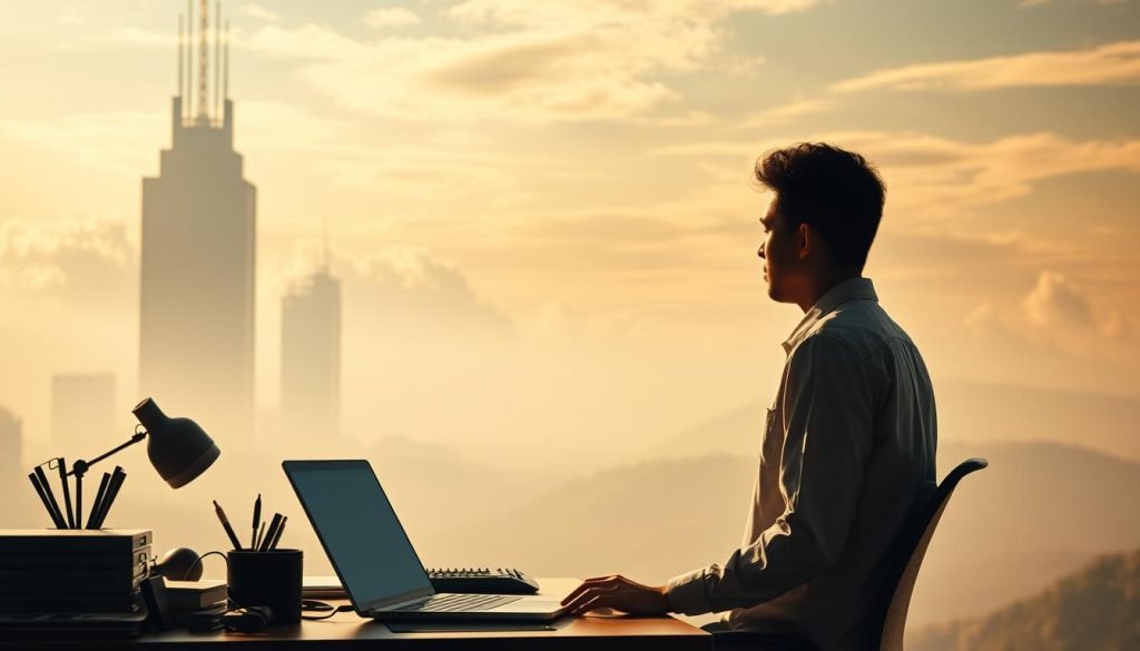 A serene and contemplative digital landscape, with a lone entrepreneur navigating the online environment. In the foreground, a workspace with a laptop, desk, and office supplies, bathed in warm, natural light. In the middle ground, towering digital structures symbolize the challenges and complexities of the online realm. The background features a hazy, ethereal sky with wispy clouds, creating a sense of tranquility and introspection. Subtle textures and a soft, muted color palette convey the thoughtful and introspective tone. Cinematic camera angle and depth of field emphasize the subject's focus and the vastness of the digital world. A serene and contemplative digital landscape, with a lone entrepreneur navigating the online environment. In the foreground, a workspace with a laptop, desk, and office supplies, bathed in warm, natural light. In the middle ground, towering digital structures symbolize the challenges and complexities of the online realm. The background features a hazy, ethereal sky with wispy clouds, creating a sense of tranquility and introspection. Subtle textures and a soft, muted color palette convey the thoughtful and introspective tone. Cinematic camera angle and depth of field emphasize the subject's focus and the vastness of the digital world.