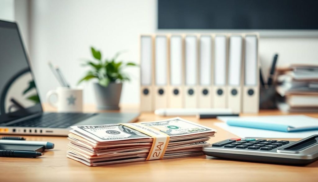 A serene office setting with a desk, laptop, and various office supplies. In the foreground, a stack of dollar bills and a calculator, symbolizing the concept of "renda extra afiliados" (affiliate extra income). The middle ground features a well-organized workspace, with a potted plant and neatly arranged folders, conveying a sense of productivity and organization. The background is slightly blurred, creating a soft, ambient lighting that sets a calming and professional tone. The overall scene suggests the potential for financial gain and success through effective affiliate marketing strategies. A serene office setting with a desk, laptop, and various office supplies. In the foreground, a stack of dollar bills and a calculator, symbolizing the concept of "renda extra afiliados" (affiliate extra income). The middle ground features a well-organized workspace, with a potted plant and neatly arranged folders, conveying a sense of productivity and organization. The background is slightly blurred, creating a soft, ambient lighting that sets a calming and professional tone. The overall scene suggests the potential for financial gain and success through effective affiliate marketing strategies.