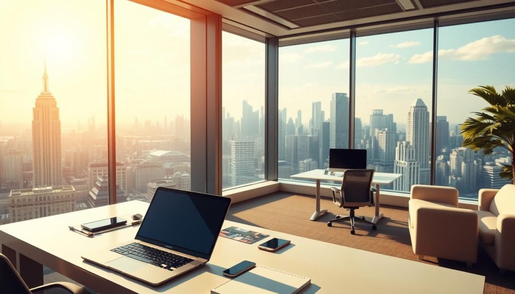 A serene, sun-drenched office space with a wide, panoramic window overlooking a bustling city skyline. The foreground features a stylish, modern desk with a sleek laptop, smartphone, and other neatly organized digital tools. The middle ground showcases an airy, minimalist workstation with ergonomic furniture and a sense of openness and flexibility. In the background, the cityscape beyond the window is alive with activity, symbolizing the endless opportunities and global reach of digital entrepreneurship. The overall atmosphere conveys a feeling of productivity, efficiency, and the strategic advantages of operating an online business. A serene, sun-drenched office space with a wide, panoramic window overlooking a bustling city skyline. The foreground features a stylish, modern desk with a sleek laptop, smartphone, and other neatly organized digital tools. The middle ground showcases an airy, minimalist workstation with ergonomic furniture and a sense of openness and flexibility. In the background, the cityscape beyond the window is alive with activity, symbolizing the endless opportunities and global reach of digital entrepreneurship. The overall atmosphere conveys a feeling of productivity, efficiency, and the strategic advantages of operating an online business.
