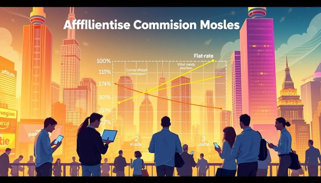 A vibrant and detailed illustration showcasing the different affiliate commission models. In the foreground, a group of affiliates stand with laptops and smartphones, discussing various payout structures. The middle ground features a stylized graph displaying percentage-based, flat-rate, and tiered commission schemes. In the background, a dynamic cityscape with towering skyscrapers and bustling streets, representing the digital marketplace. The scene is illuminated by a warm, golden light, conveying a sense of prosperity and opportunity. The overall composition highlights the diversity and impact of affiliate commission models within the digital economy. A vibrant and detailed illustration showcasing the different affiliate commission models. In the foreground, a group of affiliates stand with laptops and smartphones, discussing various payout structures. The middle ground features a stylized graph displaying percentage-based, flat-rate, and tiered commission schemes. In the background, a dynamic cityscape with towering skyscrapers and bustling streets, representing the digital marketplace. The scene is illuminated by a warm, golden light, conveying a sense of prosperity and opportunity. The overall composition highlights the diversity and impact of affiliate commission models within the digital economy.
