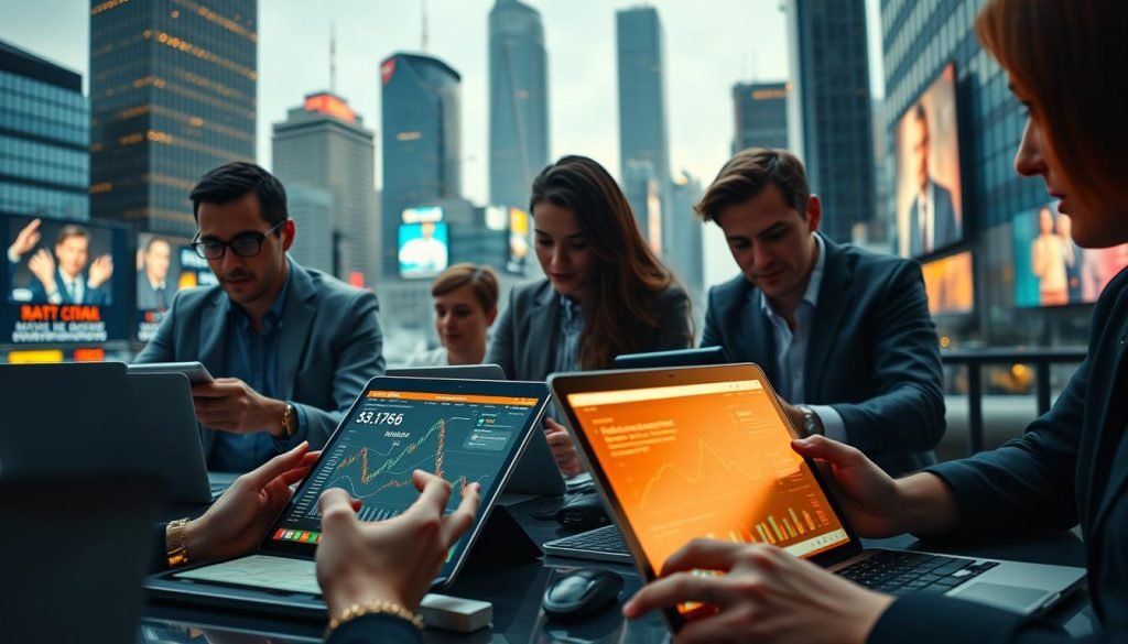 A vibrant and dynamic digital marketing scene, captured with a cinematic flair. In the foreground, sleek mobile devices and laptops showcase cutting-edge digital strategies, their screens illuminated by a warm, golden light. The middle ground features a team of professionals, their expressions engaged as they collaborate on data-driven campaigns. In the background, a cityscape of modern high-rises and digital billboards sets the stage, hinting at the far-reaching impact of digital marketing. The overall atmosphere conveys a sense of innovation, productivity, and the boundless potential of the digital landscape. A vibrant and dynamic digital marketing scene, captured with a cinematic flair. In the foreground, sleek mobile devices and laptops showcase cutting-edge digital strategies, their screens illuminated by a warm, golden light. The middle ground features a team of professionals, their expressions engaged as they collaborate on data-driven campaigns. In the background, a cityscape of modern high-rises and digital billboards sets the stage, hinting at the far-reaching impact of digital marketing. The overall atmosphere conveys a sense of innovation, productivity, and the boundless potential of the digital landscape.