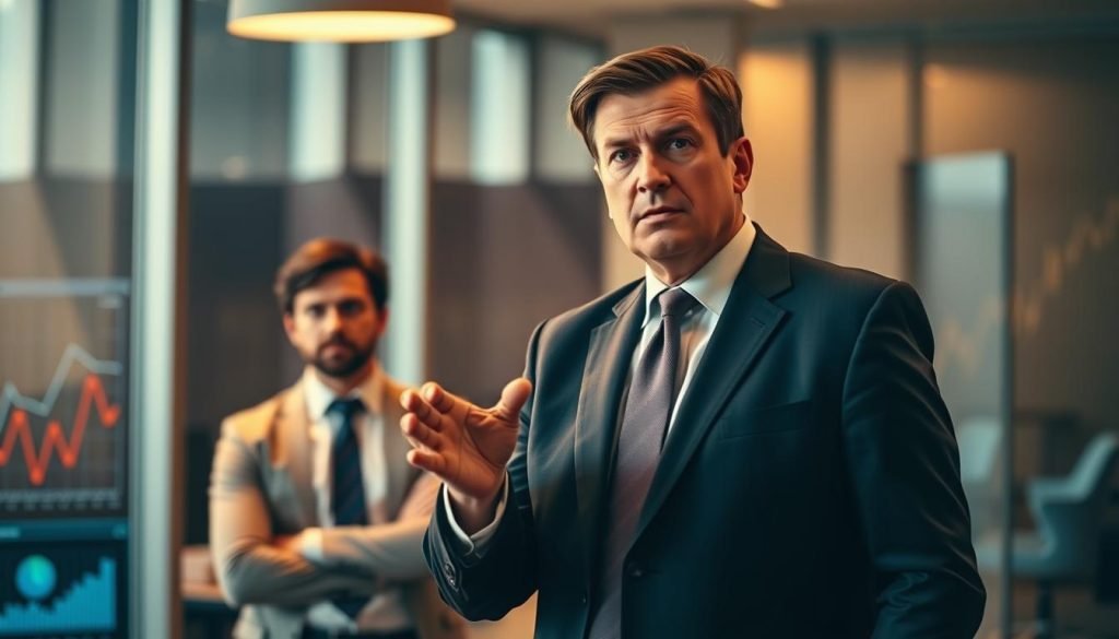 A vibrant and dynamic scene of two distinct types of affiliate marketers: an authoritative figure and an objective arbitrator. In the foreground, the authoritative affiliate stands tall, exuding confidence and expertise, dressed in a crisp suit and tie. They gesture emphatically, their gaze commanding attention. In the middle ground, the arbitrator affiliate observes with a calm, impartial expression, dressed in a more casual, neutral attire. The background is blurred, suggesting a professional setting, such as an office or conference room, with subtle hints of financial graphs and charts. The lighting is warm and focused, highlighting the contrast between the two figures and their approaches to affiliate marketing. The overall atmosphere conveys a sense of authority, strategy, and the complex dynamics of the affiliate landscape. A vibrant and dynamic scene of two distinct types of affiliate marketers: an authoritative figure and an objective arbitrator. In the foreground, the authoritative affiliate stands tall, exuding confidence and expertise, dressed in a crisp suit and tie. They gesture emphatically, their gaze commanding attention. In the middle ground, the arbitrator affiliate observes with a calm, impartial expression, dressed in a more casual, neutral attire. The background is blurred, suggesting a professional setting, such as an office or conference room, with subtle hints of financial graphs and charts. The lighting is warm and focused, highlighting the contrast between the two figures and their approaches to affiliate marketing. The overall atmosphere conveys a sense of authority, strategy, and the complex dynamics of the affiliate landscape.