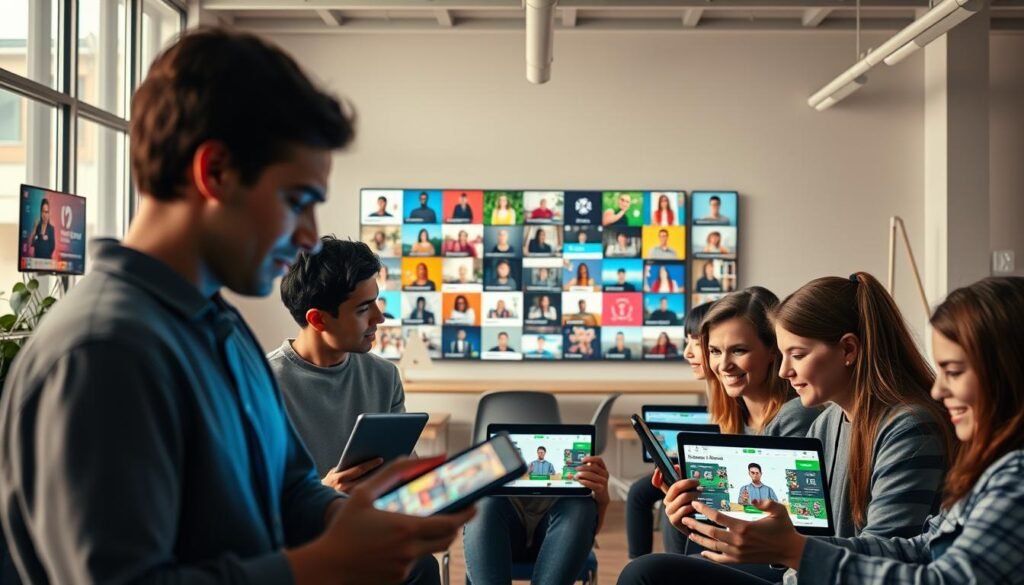 A vibrant and engaging online learning environment, with a diverse array of digital courses spanning various subjects. The foreground features a group of students, their faces alight with curiosity and enthusiasm, engaged in interactive lessons displayed on sleek, modern devices. In the middle ground, a kaleidoscope of course thumbnails and icons, representing the breadth of educational opportunities available. The background depicts a serene, minimalist workspace, filled with natural light and accented by clean lines and neutral tones, creating a sense of focus and productivity. The overall scene conveys the convenience, accessibility, and transformative power of online learning, perfectly suited to illustrate the "Cursos online e aulas: do conteúdo à escala de vendas" section of the article.