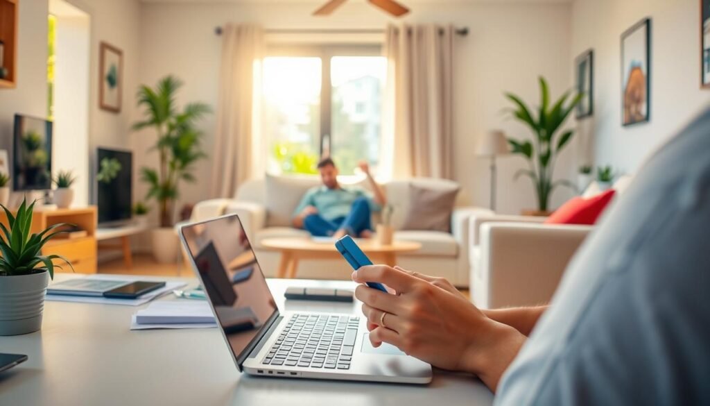 A vibrant and inviting scene depicting the concept of "grana extra na internet". In the foreground, a cozy home office setup with a laptop, smartphone, and various digital devices symbolizing online earning opportunities. In the middle ground, a person comfortably working, conveying a sense of ease and productivity. The background showcases a warm, sun-drenched living room, hinting at the flexibility and financial freedom that can be achieved through online income. The overall atmosphere is one of calm, optimism, and the boundless potential of the digital economy.