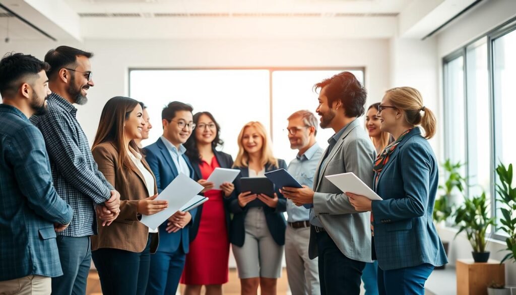 A vibrant and professional-looking image showcasing "affiliates" in the context of an online business selling informational products. The foreground features a group of diverse people - men and women of varying ages, ethnicities, and styles - shaking hands, exchanging documents, and engaged in lively discussions. They are dressed in business attire, conveying a sense of collaboration and professionalism. The middle ground depicts an array of digital devices, such as laptops, tablets, and smartphones, symbolizing the digital nature of their partnership. The background is a clean, minimalist office setting with large windows allowing natural light to fill the space, creating a warm and productive atmosphere. The overall scene radiates an aura of authority, trust, and mutual success in the online information products industry. A vibrant and professional-looking image showcasing "affiliates" in the context of an online business selling informational products. The foreground features a group of diverse people - men and women of varying ages, ethnicities, and styles - shaking hands, exchanging documents, and engaged in lively discussions. They are dressed in business attire, conveying a sense of collaboration and professionalism. The middle ground depicts an array of digital devices, such as laptops, tablets, and smartphones, symbolizing the digital nature of their partnership. The background is a clean, minimalist office setting with large windows allowing natural light to fill the space, creating a warm and productive atmosphere. The overall scene radiates an aura of authority, trust, and mutual success in the online information products industry.