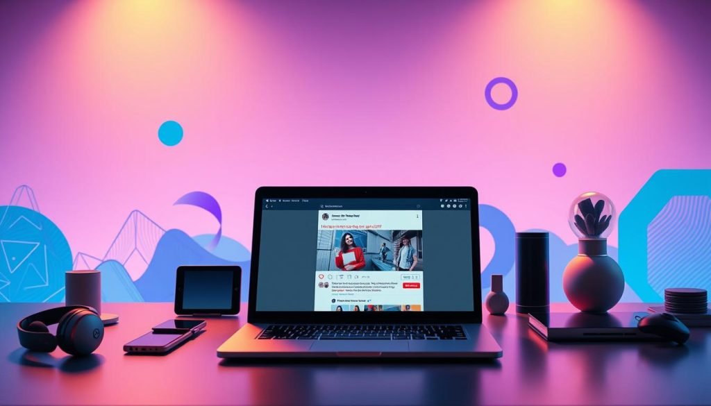 A vibrant and visually captivating digital landscape, showcasing a dynamic blend of marketing assets and brand elements. In the foreground, a sleek, minimalist laptop displays a carefully crafted social media post, its screen reflecting the soft, warm lighting of the scene. Surrounding it, an array of digital devices and tools, such as a tablet, smartphone, and wireless headphones, create a cohesive workspace. In the middle ground, abstract shapes and patterns in shades of blue and purple symbolize the interconnectedness of digital marketing strategies. In the background, a subtle gradient backdrop sets the tone, evoking a sense of innovation and progress. The overall composition conveys a professional, cutting-edge atmosphere, perfectly capturing the essence of "Marketing digital e construção de marca". A vibrant and visually captivating digital landscape, showcasing a dynamic blend of marketing assets and brand elements. In the foreground, a sleek, minimalist laptop displays a carefully crafted social media post, its screen reflecting the soft, warm lighting of the scene. Surrounding it, an array of digital devices and tools, such as a tablet, smartphone, and wireless headphones, create a cohesive workspace. In the middle ground, abstract shapes and patterns in shades of blue and purple symbolize the interconnectedness of digital marketing strategies. In the background, a subtle gradient backdrop sets the tone, evoking a sense of innovation and progress. The overall composition conveys a professional, cutting-edge atmosphere, perfectly capturing the essence of "Marketing digital e construção de marca".