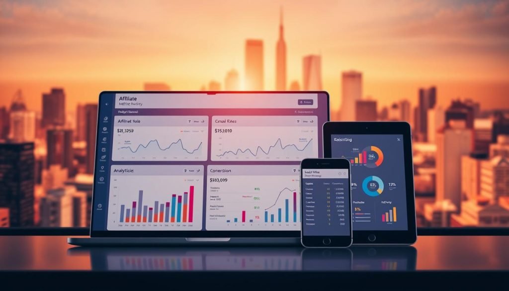 A vibrant, data-driven dashboard showcasing key affiliate marketing metrics. In the foreground, a sleek, minimalist interface with clean lines and an intuitive layout, displaying charts and graphs that track crucial KPIs such as affiliate referrals, conversion rates, and revenue. The middle ground features a trio of digital devices - a laptop, tablet, and smartphone - presenting real-time analytics and insights. The background depicts a stylized, geometric cityscape, symbolizing the dynamic, ever-evolving nature of the affiliate marketing landscape. Warm, muted tones create a professional, business-oriented atmosphere, while strategic lighting and camera angles highlight the dashboard's clarity and functionality. A vibrant, data-driven dashboard showcasing key affiliate marketing metrics. In the foreground, a sleek, minimalist interface with clean lines and an intuitive layout, displaying charts and graphs that track crucial KPIs such as affiliate referrals, conversion rates, and revenue. The middle ground features a trio of digital devices - a laptop, tablet, and smartphone - presenting real-time analytics and insights. The background depicts a stylized, geometric cityscape, symbolizing the dynamic, ever-evolving nature of the affiliate marketing landscape. Warm, muted tones create a professional, business-oriented atmosphere, while strategic lighting and camera angles highlight the dashboard's clarity and functionality.