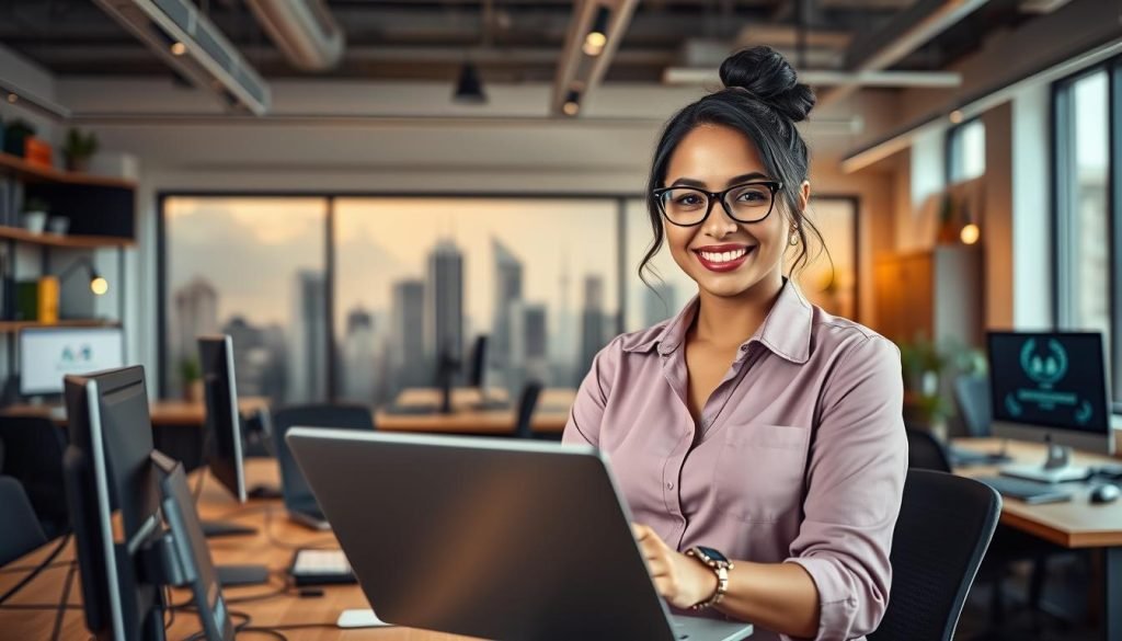 A vibrant digital entrepreneur in the foreground, confidently showcasing her business on a laptop screen. Surrounded by a dynamic workspace, filled with modern office equipment and accented by warm, natural lighting. In the background, a stylized cityscape representing the digital transformation of small businesses in Brazil. Crisp, high-resolution details, with a professional, aspirational tone that captures the essence of the "Sete práticas essenciais para pequenas empresas no digital" section. A vibrant digital entrepreneur in the foreground, confidently showcasing her business on a laptop screen. Surrounded by a dynamic workspace, filled with modern office equipment and accented by warm, natural lighting. In the background, a stylized cityscape representing the digital transformation of small businesses in Brazil. Crisp, high-resolution details, with a professional, aspirational tone that captures the essence of the "Sete práticas essenciais para pequenas empresas no digital" section.