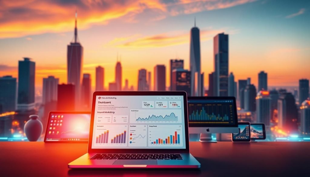 A vibrant digital landscape, bathed in warm hues and dynamic lighting. In the foreground, a sleek laptop displays a visually captivating dashboard, showcasing the key metrics and analytics of a robust inbound marketing campaign. The middle ground features an array of mobile devices, tablets, and desktop computers, symbolizing the multi-platform nature of modern digital marketing. In the background, a stylized cityscape with towering skyscrapers and a subtle gradient sky sets the stage for this tech-savvy, forward-thinking scene. The overall composition conveys a sense of progress, innovation, and the power of data-driven marketing strategies to engage and convert entrepreneurial audiences. A vibrant digital landscape, bathed in warm hues and dynamic lighting. In the foreground, a sleek laptop displays a visually captivating dashboard, showcasing the key metrics and analytics of a robust inbound marketing campaign. The middle ground features an array of mobile devices, tablets, and desktop computers, symbolizing the multi-platform nature of modern digital marketing. In the background, a stylized cityscape with towering skyscrapers and a subtle gradient sky sets the stage for this tech-savvy, forward-thinking scene. The overall composition conveys a sense of progress, innovation, and the power of data-driven marketing strategies to engage and convert entrepreneurial audiences.