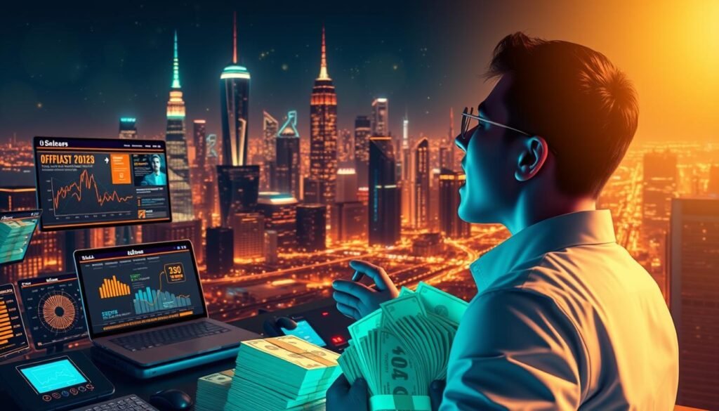 A vibrant digital landscape depicting the strategies of affiliate marketing and digital monetization. In the foreground, a stylized representation of a person eagerly counting stacks of money, surrounded by digital devices and screens displaying graphs, charts, and online sales platforms. The middle ground features a futuristic city skyline with glowing skyscrapers and a pulsing network of data streams, symbolizing the interconnected digital economy. The background is bathed in a warm, golden glow, evoking a sense of prosperity and success. The entire scene is rendered with a sleek, modern aesthetic and a cinematic depth of field, capturing the dynamic and lucrative nature of online earning opportunities. A vibrant digital landscape depicting the strategies of affiliate marketing and digital monetization. In the foreground, a stylized representation of a person eagerly counting stacks of money, surrounded by digital devices and screens displaying graphs, charts, and online sales platforms. The middle ground features a futuristic city skyline with glowing skyscrapers and a pulsing network of data streams, symbolizing the interconnected digital economy. The background is bathed in a warm, golden glow, evoking a sense of prosperity and success. The entire scene is rendered with a sleek, modern aesthetic and a cinematic depth of field, capturing the dynamic and lucrative nature of online earning opportunities.