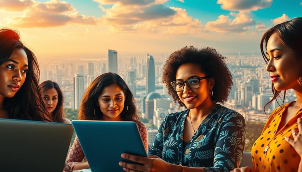 A vibrant digital landscape showcasing the dynamic entrepreneurial spirit of Brazilian women. In the foreground, a diverse group of female founders, each embodying determination and innovation, their faces illuminated by the glow of laptop screens. In the middle ground, a bustling cityscape, towering skyscrapers and thriving tech hubs, symbolizing the digital ecosystem empowering these trailblazers. The background is a panoramic vista, capturing the breadth of opportunities available in the Brazilian digital marketplace, a kaleidoscope of colors and patterns reflecting the rich cultural tapestry. Warm, natural lighting casts a hopeful glow, evoking a sense of optimism and possibility. This image encapsulates the current landscape of digital entrepreneurship in Brazil, a story of women redefining the future. A vibrant digital landscape showcasing the dynamic entrepreneurial spirit of Brazilian women. In the foreground, a diverse group of female founders, each embodying determination and innovation, their faces illuminated by the glow of laptop screens. In the middle ground, a bustling cityscape, towering skyscrapers and thriving tech hubs, symbolizing the digital ecosystem empowering these trailblazers. The background is a panoramic vista, capturing the breadth of opportunities available in the Brazilian digital marketplace, a kaleidoscope of colors and patterns reflecting the rich cultural tapestry. Warm, natural lighting casts a hopeful glow, evoking a sense of optimism and possibility. This image encapsulates the current landscape of digital entrepreneurship in Brazil, a story of women redefining the future.