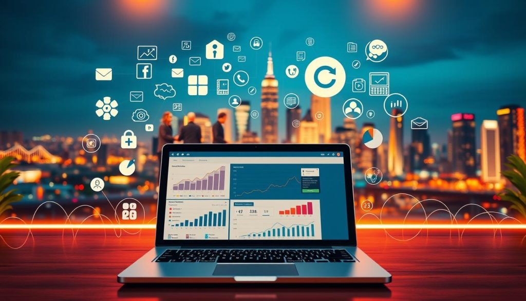 A vibrant digital marketing landscape, featuring a sleek laptop displaying analytics and social media platforms, surrounded by icons and symbols representing various digital marketing strategies. The foreground showcases a dynamic, interactive interface with customizable dashboards and real-time data visualizations. In the middle ground, a team of collaborators brainstorming ideas, strategizing partnerships, and exploring affiliate opportunities to amplify reach. The background depicts a city skyline, symbolizing the global, interconnected nature of modern marketing. The scene is illuminated by warm, ambient lighting, creating a sense of productivity, innovation, and a forward-thinking atmosphere. A vibrant digital marketing landscape, featuring a sleek laptop displaying analytics and social media platforms, surrounded by icons and symbols representing various digital marketing strategies. The foreground showcases a dynamic, interactive interface with customizable dashboards and real-time data visualizations. In the middle ground, a team of collaborators brainstorming ideas, strategizing partnerships, and exploring affiliate opportunities to amplify reach. The background depicts a city skyline, symbolizing the global, interconnected nature of modern marketing. The scene is illuminated by warm, ambient lighting, creating a sense of productivity, innovation, and a forward-thinking atmosphere.