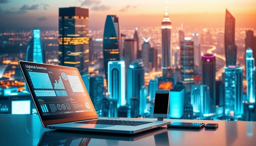 A vibrant digital services landscape, showcasing an array of modern technologies. In the foreground, a sleek, futuristic laptop displays interactive digital interfaces, hints of AI-driven analytics and cloud-based applications. The middle ground features a diverse set of digital devices - smartphones, tablets, and wearables - seamlessly connected and exchanging data. In the background, a dynamic cityscape with gleaming skyscrapers and a vibrant, neon-lit skyline, representing the ubiquity of digital solutions in the urban landscape. Soft, diffused lighting casts a warm, inviting glow, creating a sense of sophistication and innovation. The overall scene conveys the power, convenience, and high demand for cutting-edge digital services in the modern world.