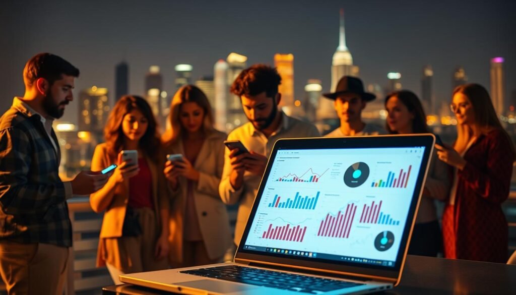 A vibrant, dynamic digital marketing strategy scene. In the foreground, a glowing laptop displays analytical data and charts, representing the analytical and data-driven aspects of effective marketing. In the middle ground, a group of diverse people collaborate, brainstorming ideas and strategies, their faces lit by the soft glow of smartphones and tablets. In the background, a city skyline recedes, symbolizing the broader landscape of the digital marketing world. Warm lighting casts a sense of focus and productivity, while subtle lens flares and depth of field create a professional, cinematic aesthetic. The overall atmosphere conveys the collaborative, technology-driven nature of modern marketing strategy. A vibrant, dynamic digital marketing strategy scene. In the foreground, a glowing laptop displays analytical data and charts, representing the analytical and data-driven aspects of effective marketing. In the middle ground, a group of diverse people collaborate, brainstorming ideas and strategies, their faces lit by the soft glow of smartphones and tablets. In the background, a city skyline recedes, symbolizing the broader landscape of the digital marketing world. Warm lighting casts a sense of focus and productivity, while subtle lens flares and depth of field create a professional, cinematic aesthetic. The overall atmosphere conveys the collaborative, technology-driven nature of modern marketing strategy.
