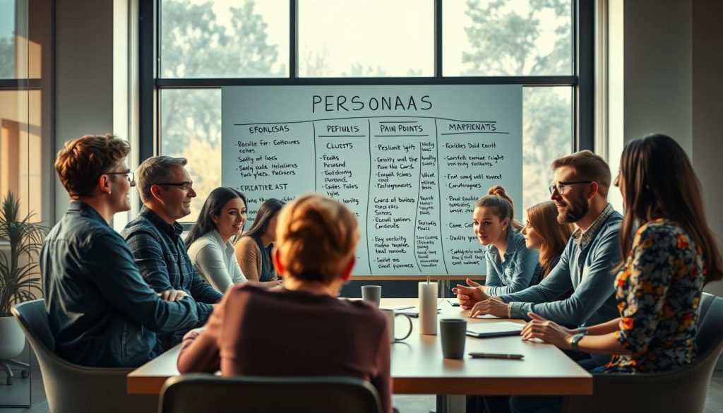 A vibrant, dynamic scene depicting the concept of personas. In the foreground, a diverse group of people, each with distinct personalities and characteristics, gathered around a table, engaged in lively discussion. Their expressions and body language convey a sense of individuality and collaboration. The middle ground features a large whiteboard or digital display, showcasing user personas, their goals, pain points, and key attributes, presented in a clear and visually striking manner. The background is a modern, minimalist office setting, with large windows allowing natural light to flood the space, creating a sense of openness and clarity. The overall mood is one of focus, creativity, and strategic planning, reflecting the importance of defining personas in the marketing process. A vibrant, dynamic scene depicting the concept of personas. In the foreground, a diverse group of people, each with distinct personalities and characteristics, gathered around a table, engaged in lively discussion. Their expressions and body language convey a sense of individuality and collaboration. The middle ground features a large whiteboard or digital display, showcasing user personas, their goals, pain points, and key attributes, presented in a clear and visually striking manner. The background is a modern, minimalist office setting, with large windows allowing natural light to flood the space, creating a sense of openness and clarity. The overall mood is one of focus, creativity, and strategic planning, reflecting the importance of defining personas in the marketing process.