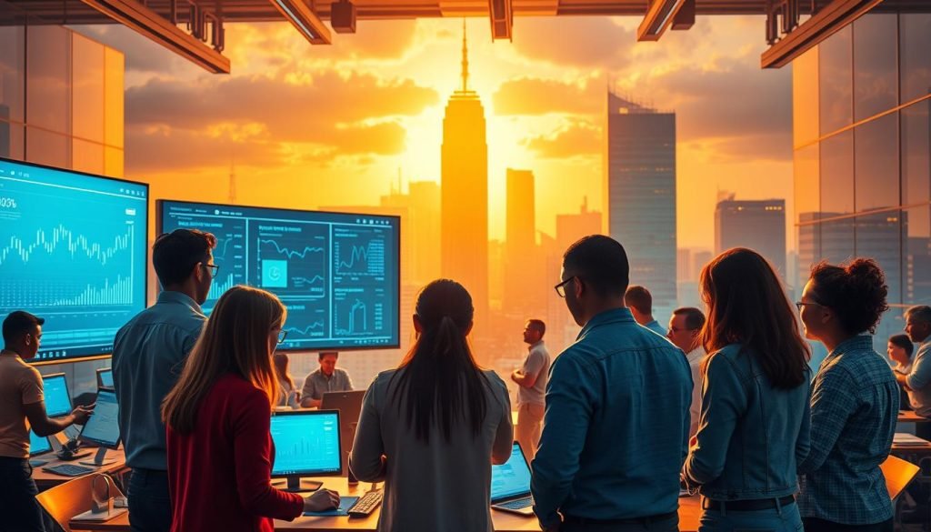 A vibrant, dynamic scene depicting the nuances of affiliate marketing. In the foreground, a group of diverse individuals collaborate, sharing insights and strategies. The middle ground showcases a bustling digital landscape, with screens and analytics data flowing seamlessly. In the background, a towering cityscape symbolizes the scale and potential of the affiliate marketing industry. Warm, golden lighting casts a sense of optimism, while the overall composition conveys the collaborative, non-hierarchical nature of this thriving business model. Captured with a wide-angle lens to emphasize the interconnectedness and scope of this dynamic field. A vibrant, dynamic scene depicting the nuances of affiliate marketing. In the foreground, a group of diverse individuals collaborate, sharing insights and strategies. The middle ground showcases a bustling digital landscape, with screens and analytics data flowing seamlessly. In the background, a towering cityscape symbolizes the scale and potential of the affiliate marketing industry. Warm, golden lighting casts a sense of optimism, while the overall composition conveys the collaborative, non-hierarchical nature of this thriving business model. Captured with a wide-angle lens to emphasize the interconnectedness and scope of this dynamic field.
