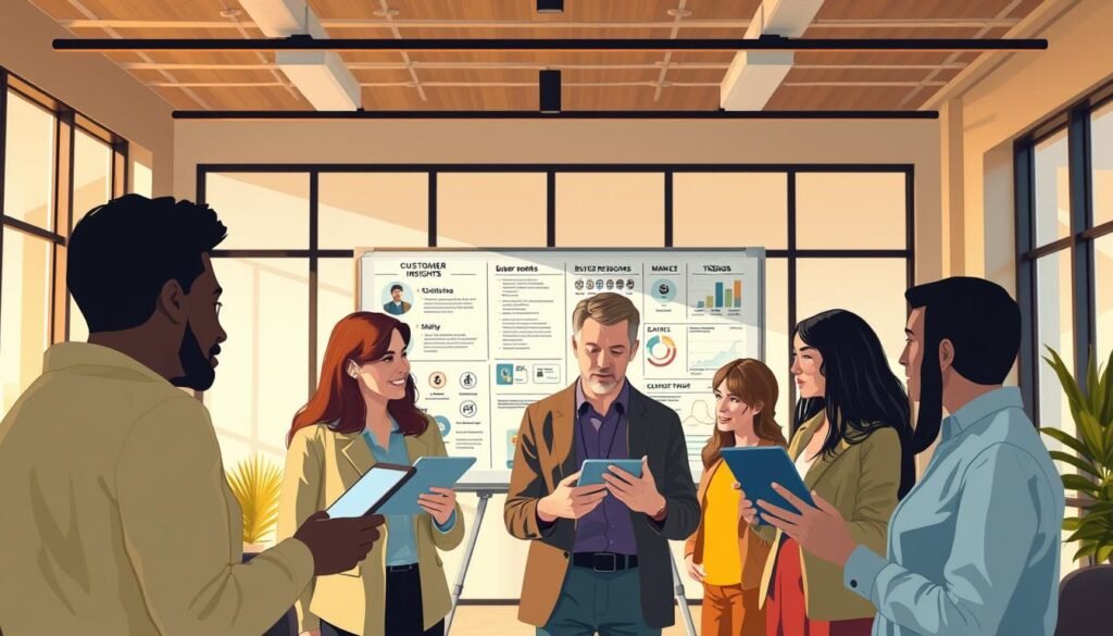 A well-designed market research illustration depicting a diverse group of people representing the target audience. In the foreground, several individuals from different demographics engage in discussion, gesturing and examining data on tablet devices. In the middle ground, a large whiteboard displays customer insights, buyer personas, and market trends. The background features a modern, minimalist office setting with large windows letting in warm, natural lighting. The overall atmosphere conveys an atmosphere of collaborative research and strategic planning to uncover the needs of the target market. A well-designed market research illustration depicting a diverse group of people representing the target audience. In the foreground, several individuals from different demographics engage in discussion, gesturing and examining data on tablet devices. In the middle ground, a large whiteboard displays customer insights, buyer personas, and market trends. The background features a modern, minimalist office setting with large windows letting in warm, natural lighting. The overall atmosphere conveys an atmosphere of collaborative research and strategic planning to uncover the needs of the target market.