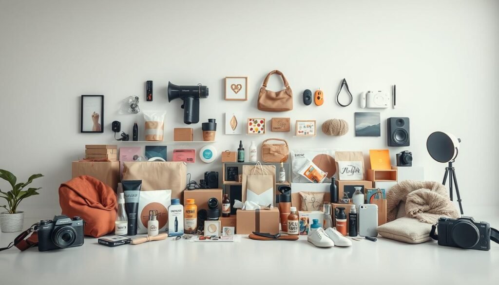 A well-lit, high-quality photograph of a variety of popular consumer products, including electronics, household items, and fashion accessories, arranged on a clean, minimalist background. The products are displayed in an appealing, organized manner, suggesting an online retail or dropshipping setup. The lighting is soft and natural, highlighting the textures and colors of the items. The camera angle is slightly elevated, creating a sense of depth and presenting the products in an inviting, visually-appealing way. The overall mood is professional, modern, and aspirational, conveying the ease and convenience of buying and receiving these types of products from the comfort of one's home.