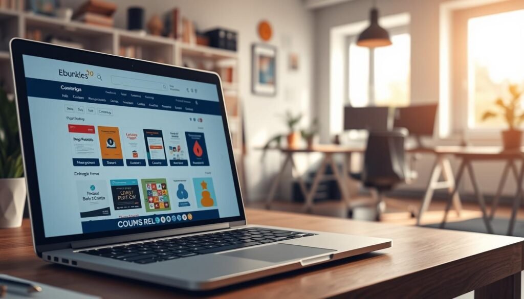 An e-commerce business selling digital products on a clean, modern website. In the foreground, a laptop display shows the online storefront, featuring various digital goods like ebooks, courses, and software. The middle ground depicts a professional workspace with a desk, chair, and office supplies, conveying a sense of productivity and organization. The background showcases a warm, cozy home office setting with natural lighting filtering through windows, creating a peaceful and inviting atmosphere. The overall scene radiates a balanced blend of technology, professionalism, and personal comfort, reflecting the efficiency and reliability of a thriving digital resale enterprise. An e-commerce business selling digital products on a clean, modern website. In the foreground, a laptop display shows the online storefront, featuring various digital goods like ebooks, courses, and software. The middle ground depicts a professional workspace with a desk, chair, and office supplies, conveying a sense of productivity and organization. The background showcases a warm, cozy home office setting with natural lighting filtering through windows, creating a peaceful and inviting atmosphere. The overall scene radiates a balanced blend of technology, professionalism, and personal comfort, reflecting the efficiency and reliability of a thriving digital resale enterprise.