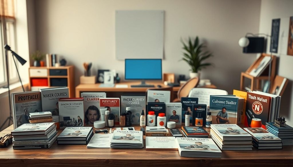 An elegant arrangement of various digital and physical products on a wooden table, illuminated by warm, natural lighting. In the foreground, a diverse selection of high-quality infoproducts, e-books, and online courses neatly displayed. In the middle ground, carefully curated consumer products and merchandise relevant to the affiliate marketing industry. The background features a clean, minimalist workspace with a laptop, office supplies, and a sense of professionalism and attention to detail. The overall composition conveys a balanced, trustworthy, and visually appealing presentation of products to protect one's online reputation. An elegant arrangement of various digital and physical products on a wooden table, illuminated by warm, natural lighting. In the foreground, a diverse selection of high-quality infoproducts, e-books, and online courses neatly displayed. In the middle ground, carefully curated consumer products and merchandise relevant to the affiliate marketing industry. The background features a clean, minimalist workspace with a laptop, office supplies, and a sense of professionalism and attention to detail. The overall composition conveys a balanced, trustworthy, and visually appealing presentation of products to protect one's online reputation.