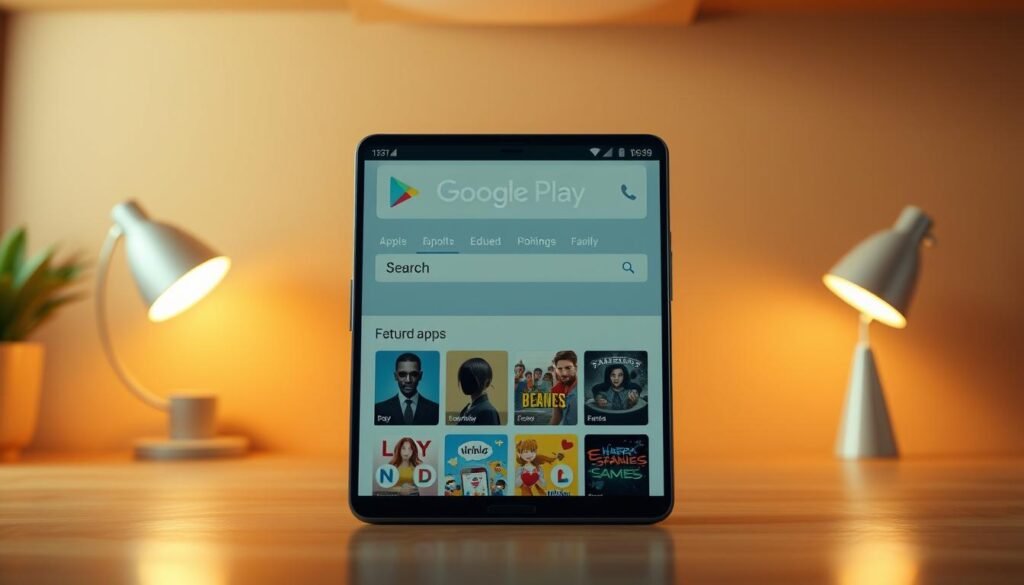 Detailed realistic 3D render of the Google Play Store interface, set against a warm, inviting backdrop. The storefront features a prominent search bar, featured app icons, and a clean, intuitive layout. Lighting is natural yet slightly directional, casting subtle shadows and highlights that enhance the sense of depth and dimensionality. The environment conveys a professional, high-quality mobile app marketplace, with a touch of modernity and sophistication. The overall atmosphere is one of accessibility, discovery, and the endless potential of the digital economy. Aprenda a Ganhar Dinheiro Pelo Google