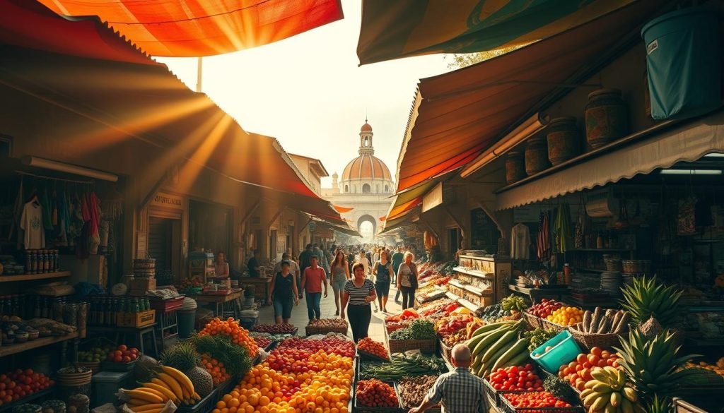 Panoramic view of a bustling Brazilian marketplace, bathed in warm, golden sunlight filtering through the canopy of vibrant awnings and tarpaulins. A vibrant tapestry of colorful produce stalls, handcrafted goods, and lively vendors beckoning passersby. In the foreground, an array of fresh tropical fruits, vegetables, and spices create a visually enticing tableau. In the middle ground, people navigate the lively pathways, immersed in the energetic hum of commerce. The background reveals the iconic architecture and architectural details that lend the market its distinct character, creating a sense of place and cultural identity. Panoramic view of a bustling Brazilian marketplace, bathed in warm, golden sunlight filtering through the canopy of vibrant awnings and tarpaulins. A vibrant tapestry of colorful produce stalls, handcrafted goods, and lively vendors beckoning passersby. In the foreground, an array of fresh tropical fruits, vegetables, and spices create a visually enticing tableau. In the middle ground, people navigate the lively pathways, immersed in the energetic hum of commerce. The background reveals the iconic architecture and architectural details that lend the market its distinct character, creating a sense of place and cultural identity.